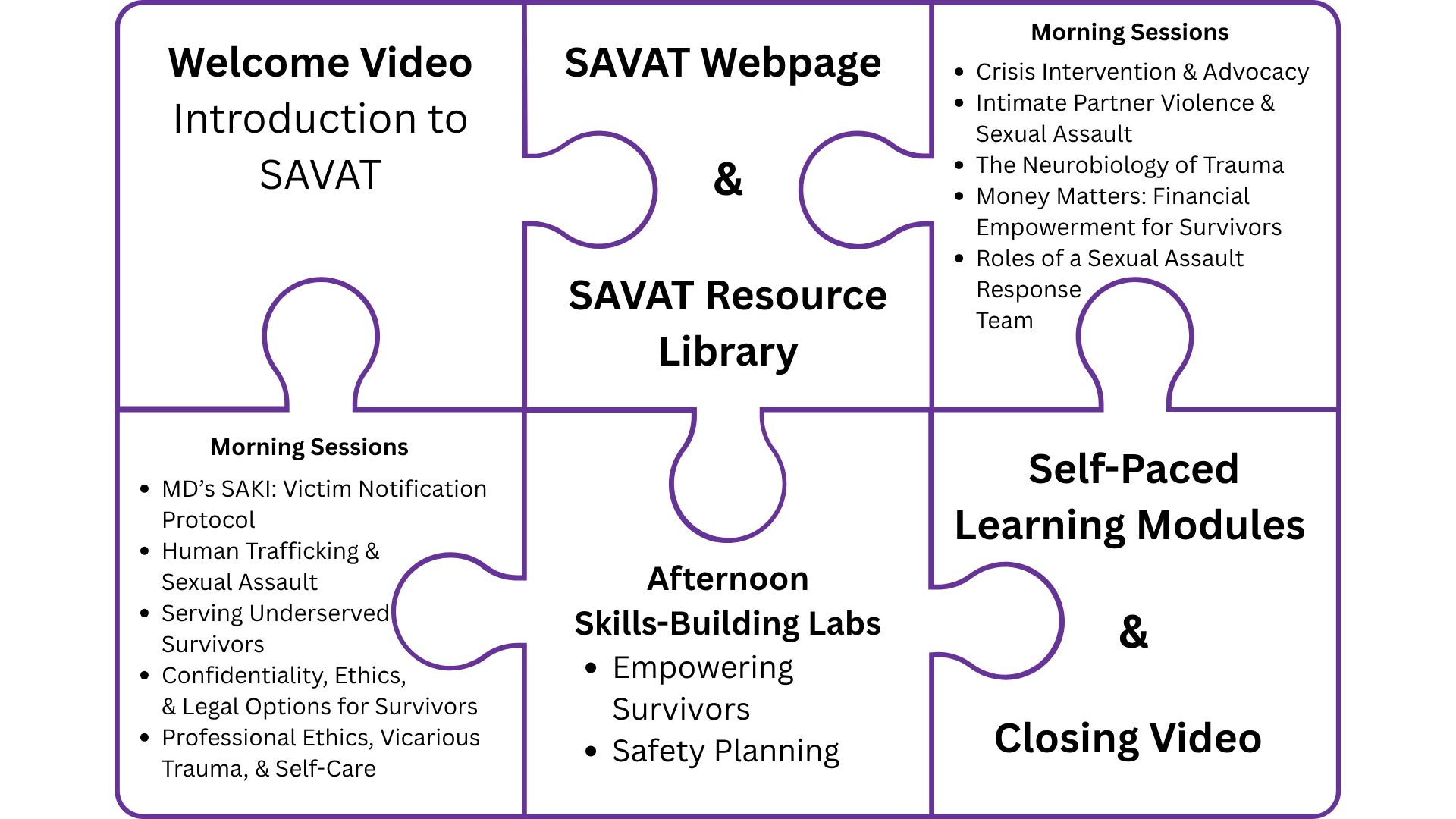 Illustration of a puzzle with 6 pieces showing the individual parts of this training series. From left to right, clockwise around the puzzle, text on the pieces reads: Welcome video, SAVAT webpage and resource library, week 1 morning sessions, self-paced learning modules, afternoon skills-building labs, week 2 morning sessions